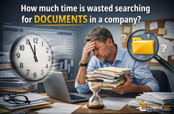 Person in office overwhelmed by documents while searching for a file